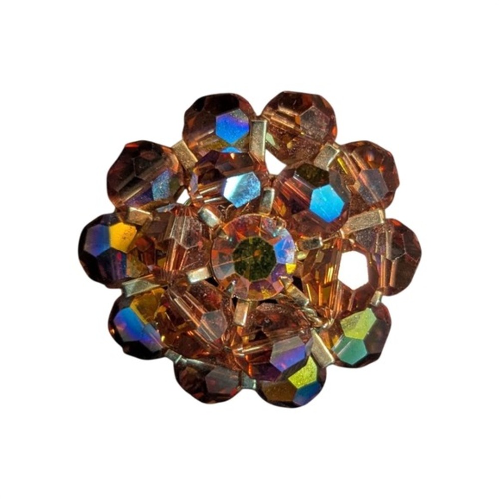 Vintage Amber Aurora Borealis Glass Bead Brooch Gold‎ Tone Floral Cluster Pin